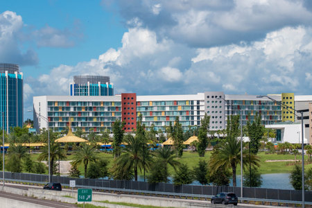 Orlando, Florida. August 07, 2019. Partial view of Universals Cabana Bay Resort at Universal Studios area 1