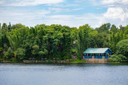 Orlando, Florida. August 14, 2019. Panoramic view of jungle forest and blue station at Animal...