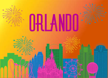 Orlando magenta lettering on colorful background. Vector with travel icons and fireworks. Travel Postcardのイラスト素材