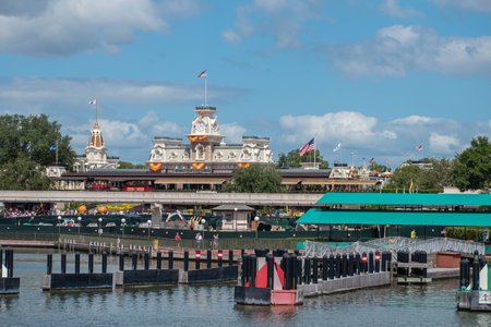 Orlando, Florida. September 23, 2019. Panoramic view of Railroad Train Station at Magic Kigndom (2)