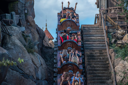 Orlando, Florida. September 23, 2019. People having fun Seven Dwarfs Mine Train at Magic Kigndom...