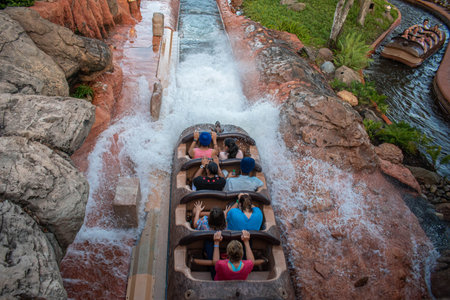 Orlando, Florida. September 23, 2019. People having fun Splash Mountain water attraction in Magic...