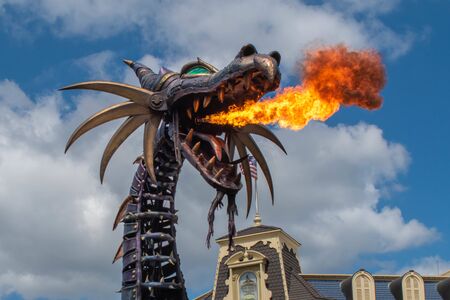 Orlando, Florida. September 25, 2019. Maleficient dragon throwing fire in Disney Festival of Fantasy Parade at Magic Kigndom (4)のeditorial素材