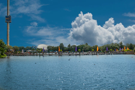 Orlando, Florida. September 21, 2019. Panoramic view of Sky Tower and Seven Seas lagoon bridge at...