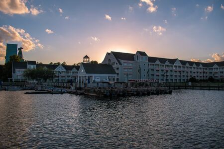 Orlando, Florida. October 11, 2019. Marina and villason sunset background at Lake Buena Vista 95のeditorial素材