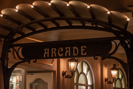 Orlando, Florida. October 10, 2019. Top view of Arcade sign in France pavillion at Epcot (41)