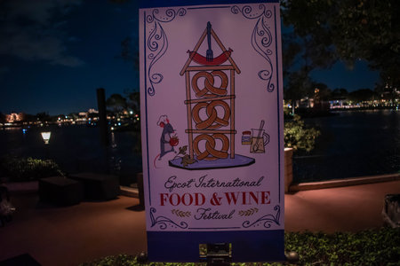 Orlando, Florida. October 10, 2019. Top view of Epcot Internatonal Food and Wine sign at Walt Disney...