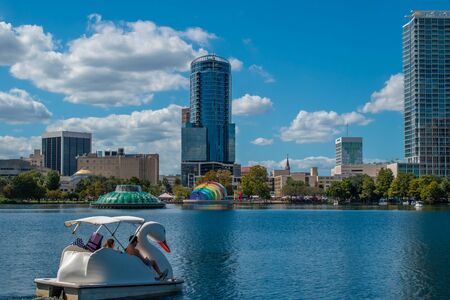 Orlando, Florida. October 12, 2019. Nice couple enjoying swan boat at Lake Eola Park 1のeditorial素材
