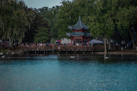 Orlando, Florida. October 12, 2019. Panoramic view of El Ting Chinese pagoda at Eola Park at downtown area.のeditorial素材