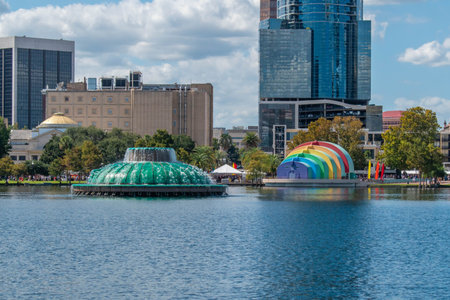 Orlando, Florida. October 12, 2019. Panoramic view of Linton Allen Fountain and Walt Disney...