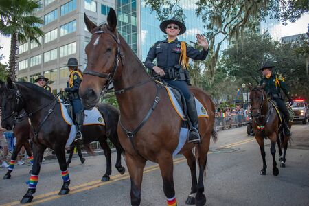 Orlando, Florida. October 12, 2019. Horse Mounted Police in Come Out With Pride Orlando parade at Lake Eola Park area 241のeditorial素材