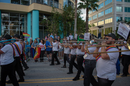 Orlando, Florida. October 12, 2019. Tampa Bay Pride Band in Come Out With Pride Orlando stops at...