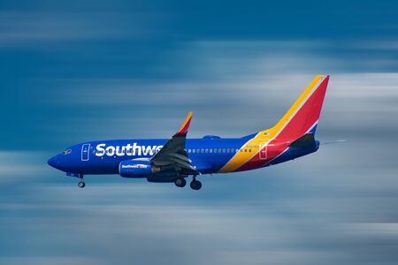Orlando, Florida. October 10, 2019. Southwest Airlines aircraft preparing to land in airport area 4のeditorial素材