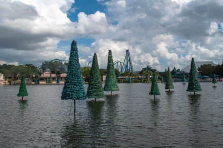 Orlando, Florida. October 24, 2019. Christmas trees on Seven Seas lake at Seaworld.のeditorial素材