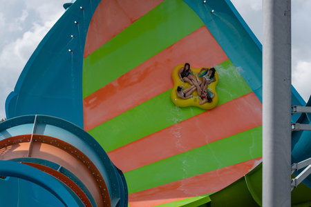 Orlando, Florida. October 24, 2019. People having fun KareKare Curls water attraction at Aquatica 22