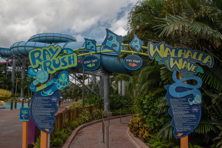 Orlando, Florida. October 24, 2019. Ray Rush and Walhalla Way sign at Aquatica