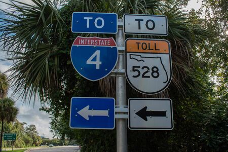 Orlando, Florida. October 25, 2019. Top view of Interestate 4 and 528 highway sign in International Drive areaのeditorial素材