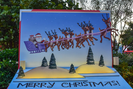 Orlando, Florida. December 25, 2018. Colorful Merry Christmas sign at Seaworld