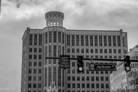Orlando, Florida. August 19, 2019. Top view of Orlando City Hall and Jackson street sign at downtown areaのeditorial素材