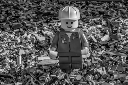 Orlando, Florida. June 15, 2019. Handyman on thousands of bricks by Lego in at Lake Buena Vista