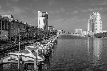 Tampa Bay, Florida April 28, 2019. Luxury boats in Harbor Island dockside on lightblue sky background 3のeditorial素材