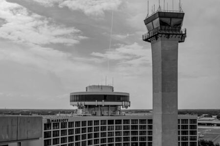 Tampa Bay, Florida July 12, 2019 Tampa International Marriott and Air Traffic Control Tower at Tampa International Airportのeditorial素材