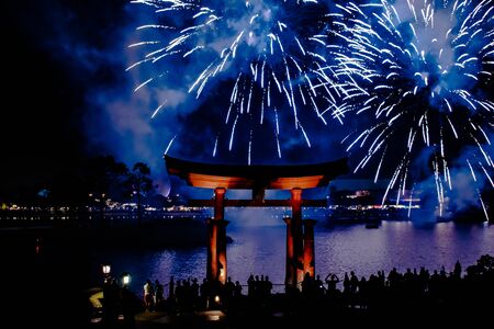 Orlando, Florida. November 01, 2019. Japanese arch and spectacular fireworks at night background in Epcot (85)のeditorial素材