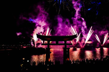 Orlando, Florida. November 01, 2019. Japanese arch and spectacular fireworks at night background in Epcot (86)のeditorial素材