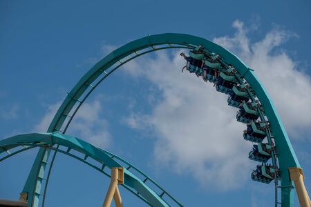 Orlando, Florida. October 29, 2019. People enjoying terrific Kraken roller coaster at Seaworld 2のeditorial素材