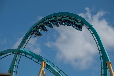 Orlando, Florida. October 29, 2019. People enjoying terrific Kraken roller coaster at Seaworld 3