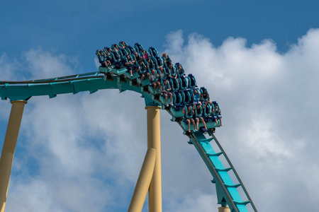 Orlando, Florida. October 29, 2019. People enjoying terrific Kraken roller coaster at Seaworld 6