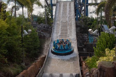 Orlando, Florida. October 29, 2019. People having fun amazing Infinity Falls at Seaworld 7