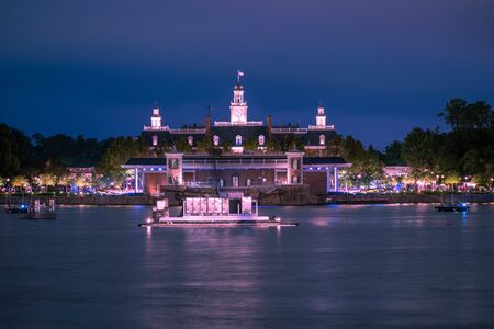 Orlando, Florida. November 01, 2019. The America Adventure Pavillion on blue night background at Epcot (5)のeditorial素材