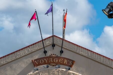 Orlando, Florida. October 29, 2019. Top view of Voyagers sign and colorful flags at Seaworldのeditorial素材