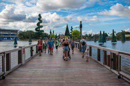 Orlando, Florida. November 06, 2019. People walking on Seven Seas lake bridge at Seaworld 3