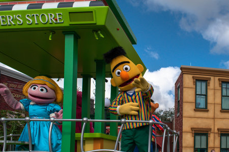 Orlando, Florida November 09, 2019. Bert and Prairie Down in Sesame Street Party Parade at Seaworld...