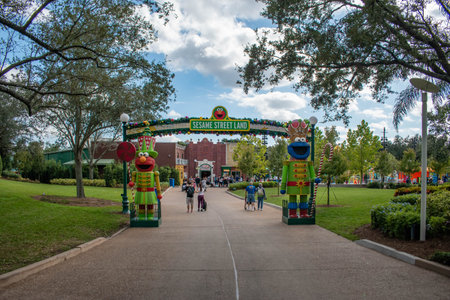 Orlando, Florida . November 22, 2019. Panoramic view of Sesame Street Land arch at Seaworlds...