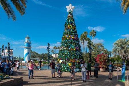 Orlando, Florida . November 22, 2019. People walking around of Christmas Tree at Seaworld s Christmas Celebration 1のeditorial素材