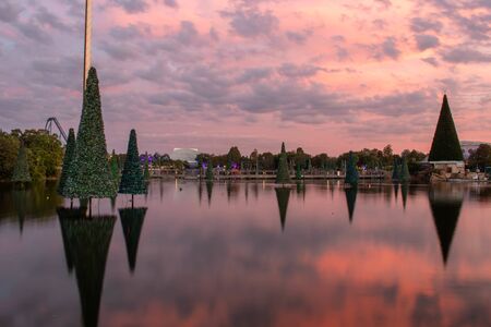 Orlando, Florida . November 23, 2019. Christmas trees on colorful background at Seaworld 2のeditorial素材