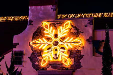 Orlando, Florida . November 23, 2019. Top view of illuminated snowflake at Seaworlds Christmas...