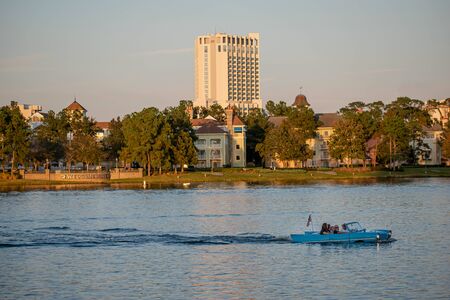 Orlando, Florida. November 29, 2019. People enjoying Amphibious blue car ride over the blue lake at Lake Buena Vista area 3のeditorial素材