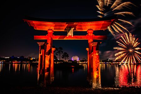 Orlando, Florida . December 06, 2019. Spectacular view of Epcot Forever fireworks and Japan arch in Walt Disney World (9)のeditorial素材