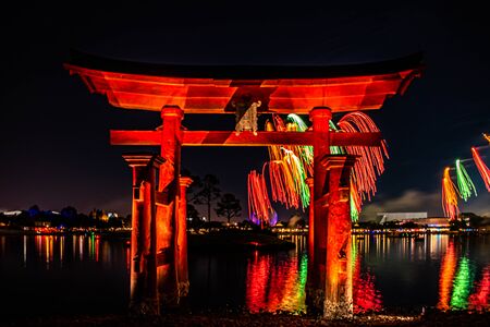 Orlando, Florida . December 06, 2019. Spectacular view of Epcot Forever fireworks and Japan arch in Walt Disney World (11)のeditorial素材