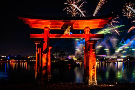 Orlando, Florida . December 06, 2019. Spectacular view of Epcot Forever fireworks and Japan arch in Walt Disney World (13)のeditorial素材