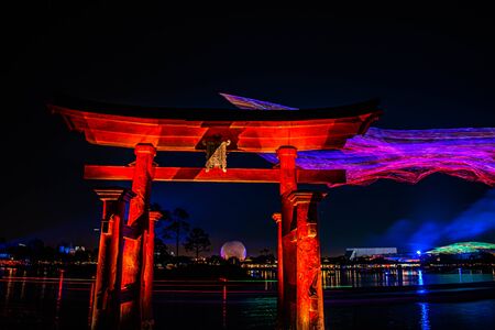 Orlando, Florida . December 06, 2019. Spectacular view of Epcot Forever fireworks and Japan arch in Walt Disney World (14)のeditorial素材