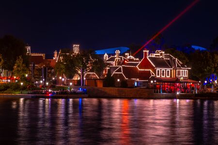 Orlando, Florida. December 06, 2019. Panoramic view of United Kingdom Pavillion on dark night background at Epcot (9)のeditorial素材