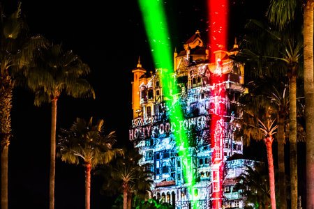 Orlando, Florida. November 27, 2019 Colorful projections on The Hollywood Tower Hotel at Hollywood Studios (57)のeditorial素材