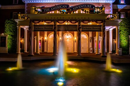 Orlando, Florida. December 06, 2019. Partial view of Liberty Theater and fountain at Epcot.のeditorial素材