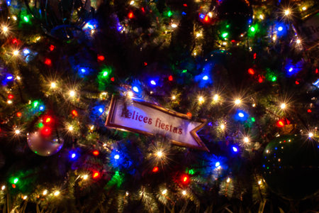 Orlando, Florida. November 29, 2019. Happy Holidays sign on Christmas tree at Epcot (1)