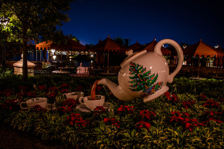 Orlando, Florida. November 29, 2019. Holiday teapot and cups in United Kingdom pavillion at Epcot...